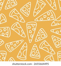 Una sola rebanada de pizza cursi con aderezos derretidos, ilustrada junto con un texto en negrita con letras a mano que dice 'Pizza': un patrón divertido, sabroso y atractivo, sin fisuras