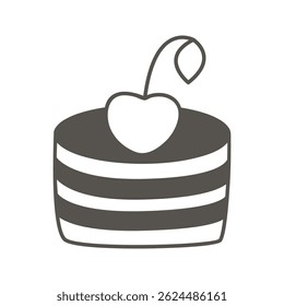 Single cherry cake doodle sketch style illustration. Individual round puff sweet treat with berry. Delicious dessert, black silhouette on white background, vector element