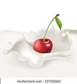 single cherry falling in cream splash
