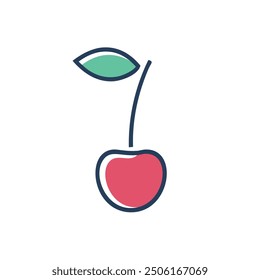 Single cherry fruit icon illustration. Red cherry with green leaf and stem vector illustration. Simple flat icon design.