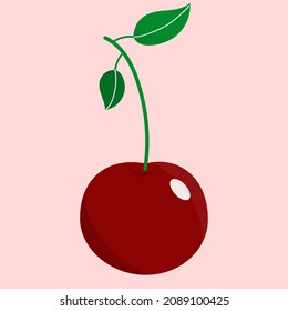 Single cherry with a leaf, isolated vector illustration. EPS 10.