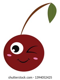 A single cherry with a smiling face and a winking eyes vector color drawing or illustration