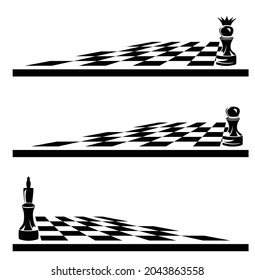 single chess piece on a game board -  black and white vector outline of king, pawn and checkerboard diminishing perspective