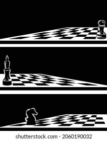 single chess piece on a game board -  black and white vector outline of king, pawn, knight horse and checkerboard diminishing perspective background