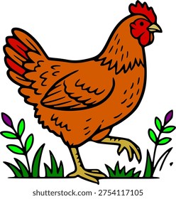 Single chicken walking vector side view. Simple farm poultry animal line art illustration.