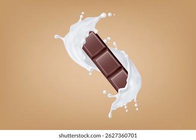 Single chocolate bar dropping into milk, captured in splash moment for product ads or food visuals.
