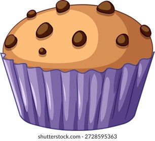 Um único bolinho de chocolate senta-se em um revestimento de papel pregado roxo no fundo branco