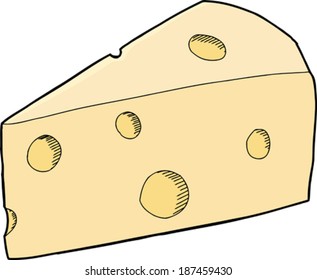 Single chunk of cheese with holes on white background