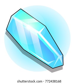 Single chunk of ice or glowing blue crystal isolated on a white background. Vector cartoon close-up illustration.