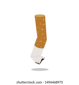 Single cigarette butt with ash on white background
