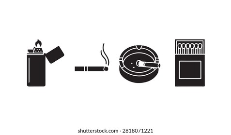 Single cigarette with lighter represented as part of a simple icon sequence.