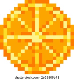 Single citrus slice in pixel art style. Fresh and vibrant orange or mandarin piece for digital design, icons, menus or playful summer graphics.