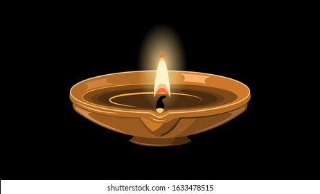 Single Clay diya lamp lit isolated on a black background. Vector illustration stock.