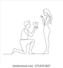 Un dibujo de línea simple y limpio que representa una escena romántica de propuesta, perfecta para invitaciones o tarjetas de felicitación.