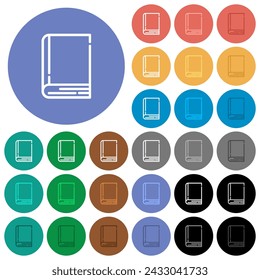 Single closed book outline multi colored flat icons on round backgrounds. Included white, light and dark icon variations for hover and active status effects, and bonus shades.