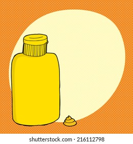Single closed mustard container over orange halftone