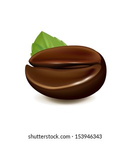 single coffee bean with leaf isolated on white background