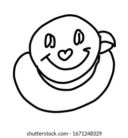 Single coffee Cup with a cute face. Drawing in the Doodle style. For design, menu, cafe, wrapping paper.