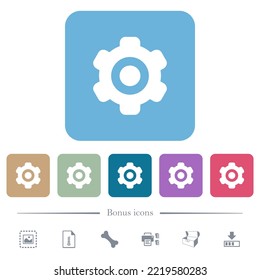 Single cogwheel solid white flat icons on color rounded square backgrounds. 6 bonus icons included