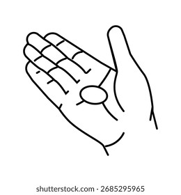 einzelne Münze offene Palmlinie Symbol Vektor. offene Handfläche mit einer einzigen Münze. isoliertes Kontursymbol, schwarze Illustration