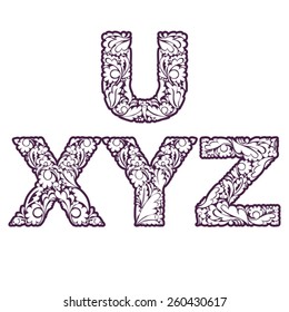 Single color delicate drop caps with floral ornament. Spring font with natural pattern, U, X, Y, Z.