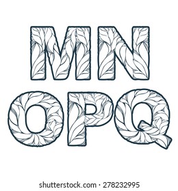 Single color delicate drop caps with floral ornament. Spring font with natural pattern, M, N, O, P, Q.