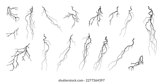 Single color, flat set lightning, electrical discharges, flash. Black Flat Lightning or electrical discharge on isolated on white background. Thunderstorm collection, big and small elements. Vector