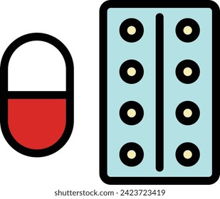 Single color icons of items necessary for disaster prevention: capsules and tablets