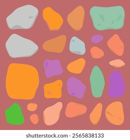 Single color rock shapes. Minimalistic geological design. Distinct rock elements, vibrant color palette. Background silhouette art, paint template collage geometric. Vector minimal