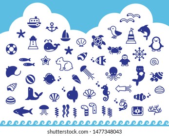 Single color symbolic icon set of various sea motifs