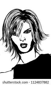 A single color vector illustration of an  angry young woman. Is he mad because of politics, was  her partner flirting with someone else, did someone steal her cookie? You decide.  11x17 aspect ratio.
