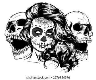 A single color vector illustration of a beautiful woman with screaming skulls