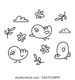 Single color vector set of anti-stress coloring pages with birds, flowers and clouds