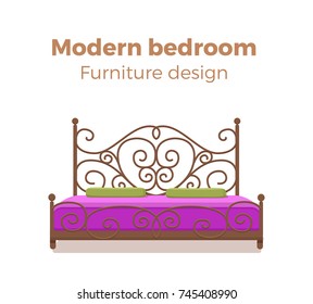 Single colorful bed with pillows and blanket. Vector icon modern bedroom design element. Cartoon style furniture for hotel, homes, shops, advertisement, banners, prospects