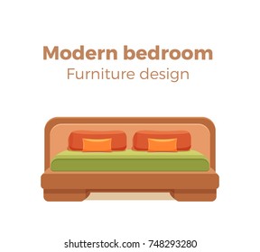 Single colorful bed with pillows and blanket. Vector icon modern bedroom design element. Cartoon style furniture for hotel, homes, shops, advertisement, banners, prospects