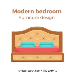 Single colorful bed with pillows and blanket. Vector icon modern bedroom design element. Cartoon style furniture for hotel, homes, shops, advertisement, banners, prospects