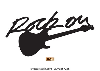 Logo de guitarra eléctrica de un solo color con 'Rock on' en guion dibujado a mano encima de la ilustración