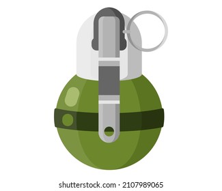 Single combat unexploded green military metal hand ball grenade with pin. Concept of terrorism and war with the use of military arms for soldiers. Vector cartoon isolated illustration.