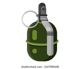 Single combat unexploded green military metal hand grenade with pin. Concept of terrorism and war with the use of military arms for soldiers. Vector cartoon isolated illustration.