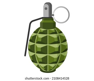 Granada de limón de mano de metal verde sin estallar de combate único con alfiler. Concepto de terrorismo y guerra con uso de armas militares para los soldados. Dibujo vectorial aislado.