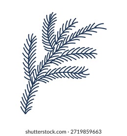 Single coniferous, spruce tree branch isolated on transparent. Hand drawn line art vector illustration. Traditional holiday, Xmas, New Year, seasonal design element, clip art