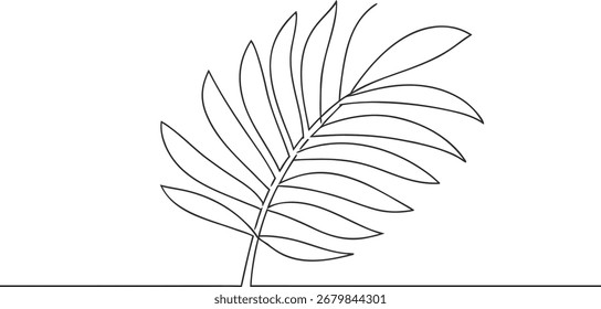 Línea de arte continua única dibujando una palma frente a una hoja tropical