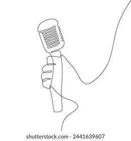 Single continous line art of hand holding microphone