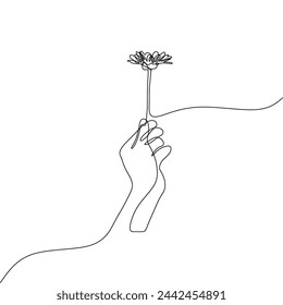 Una sola línea continua de arte de la mano sosteniendo una flor