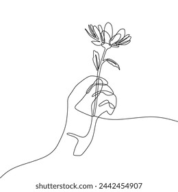 Single continous line art of hand holding a flower