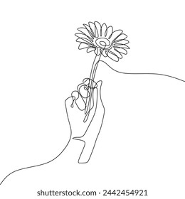 Una sola línea continua de arte de la mano sosteniendo una flor