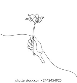 Single continous line art of hand holding a flower