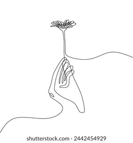Single continous line art of hand holding a flower