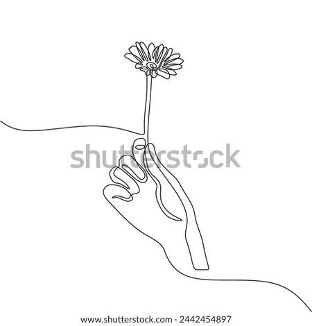 Single continous line art of hand holding a flower