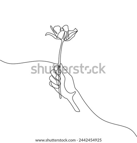 Single continous line art of hand holding a flower